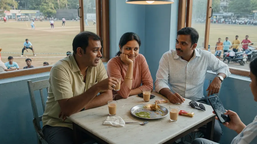 Friends following a match from a café while checking a phone