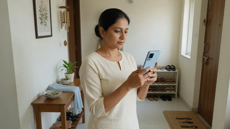Woman reviewing phone settings before installation
